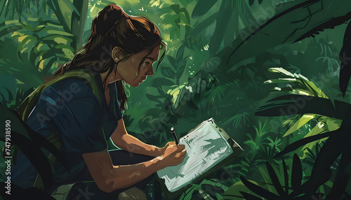 A digital drawing of a female scientist conducting field research in a lush rainforest carefully do Generative AI