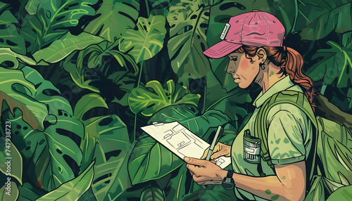 A digital drawing of a female scientist conducting field research in a lush rainforest carefully do Generative AI