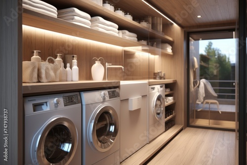 Sleek and stylish laundry room interior showcasing modern design elements and appliances