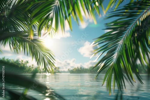 A serene view of palm trees by the water. Ideal for travel and nature concepts