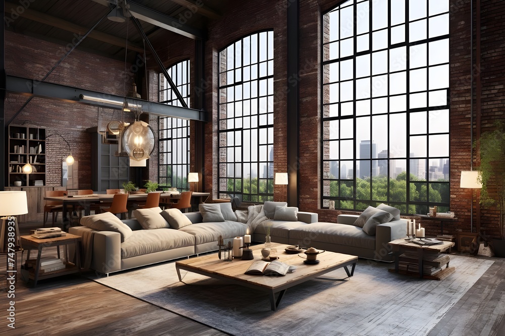 An industrial loft space with exposed brick walls, steel beams, and large windows, combining modern and rustic elements.

