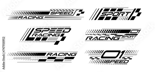 Racing stripes geometric lines design racing car hood sticker, dynamic arrow shapes and lines background for sporting event. racing start and finish flag. vector illustration template for motorsports
