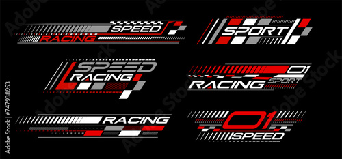 Racing stripes geometric lines design racing car hood sticker, dynamic arrow shapes and lines background for sporting event. racing start and finish flag. vector illustration template for motorsports photo