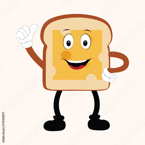 Happy Bread Slice Cartoon Mascot Character, Funny Sandwich Cartoon Vintage Bread Character Retro Style Bread Logo Vector Illustration 60s 70s Bread Retro Style