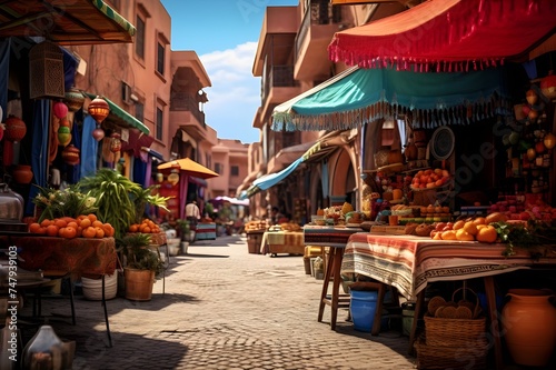 A vibrant street market in Marrakech, with colorful awnings and traditional Moroccan architecture.