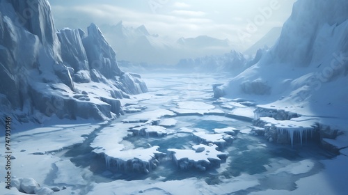 A network of ice bridges crosses a frozen river, forming a pathway through the snow-covered banks and creating a magical connection within the winter world. 