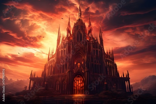 An ornate Gothic cathedral with intricate spires and stained glass windows, standing proudly against a dramatic sunset.