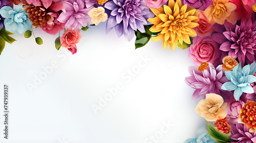 a floral frame in multi colors yellow orange red purple pink blue on the white paper with copy space of special message summer vibes 