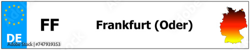 Frankfurt (Oder) car licence plate sticker name and map of Germany. Vehicle registration plates frames German number