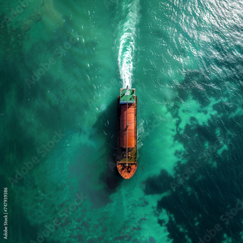 Aerial view of a cargo ship in a green sea. © connel_design