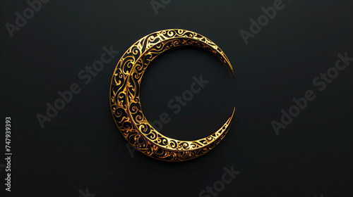 3d islamic gold crescent moon isolated on black background. ramadan kareem holiday celebration concept