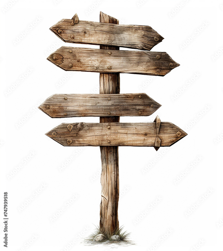 a wooden signpost with three directional points showing the way, in the style of pulled, scraped, and scratched, white background сreated with Generative Ai a wooden signpost with three directional points showing the way, in the style of pulled, scraped, and scratched, white background сreated with Generative Ai