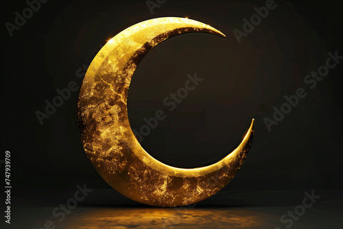 3d islamic gold crescent moon isolated on black background. ramadan kareem holiday celebration concept photo