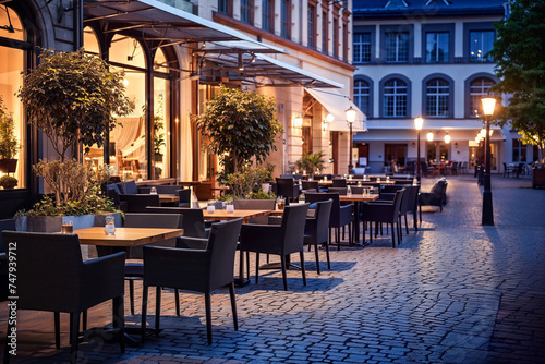 Peaceful dusk ambiance at an urban cafe terrace with elegant dining arrangements on a cobbled city street, offering a serene al fresco dining experience.