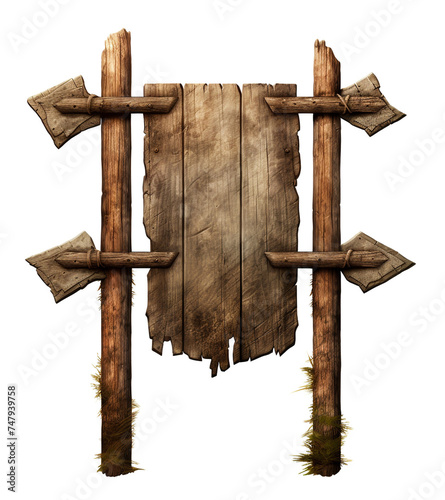 a wooden signpost with three directional points showing the way, in the style of pulled, scraped, and scratched, white background сreated with Generative Ai