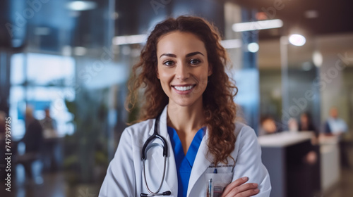Portrait of female doctor standing outside hospital clinic smiling
