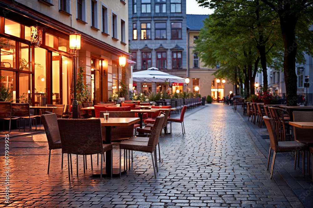 Cozy city restaurant terrace on cobbled street during tranquil evening