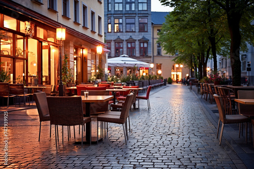 Cozy city restaurant terrace on cobbled street during tranquil evening © Pics_With_Love