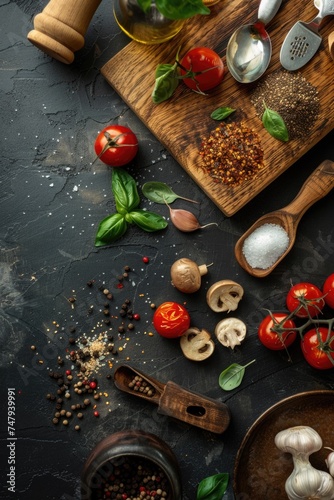 A variety of fresh vegetables and spices neatly arranged on a wooden cutting board. Perfect for recipe blogs and cooking websites