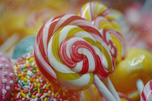 Close up of a bunch of colorful lollipops with sprinkles. Perfect for candy shop advertising
