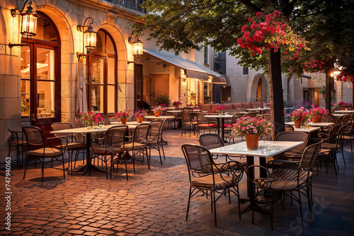 Elegant outdoor cafe with floral decor on cobbled street at twilight © Pics_With_Love