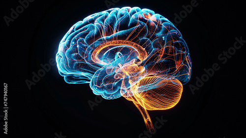 a side of a 3D brian x ray effect the brain is highlight