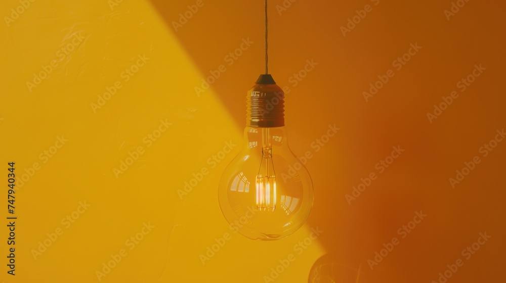 A single light bulb hanging from a yellow wall. Perfect for interior design concepts A single light bulb hanging from a yellow wall. Perfect for interior design concepts