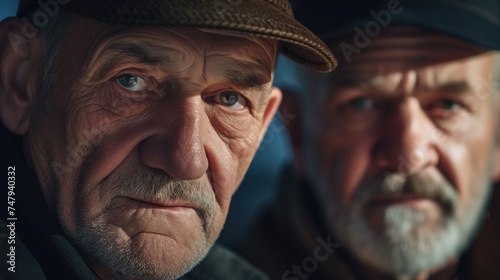 Close up image of two elderly men wearing hats  suitable for lifestyle and senior themes
