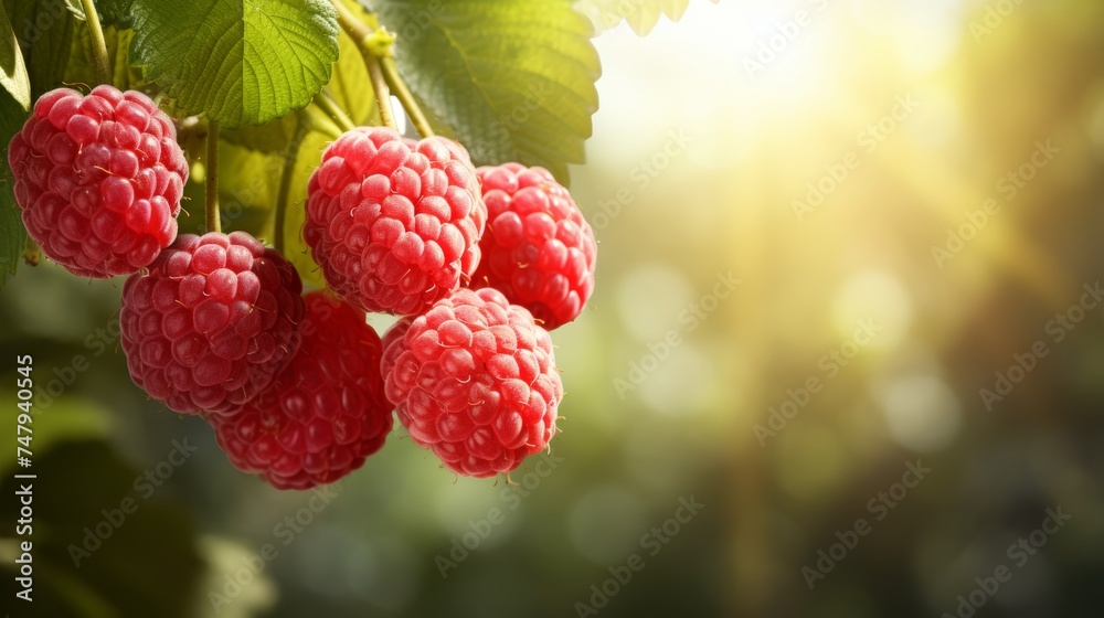 Ripe raspberries on branch in sunlight, fresh juicy berries, free copy space in garden Ripe raspberries on branch in sunlight, fresh juicy berries, free copy space in garden