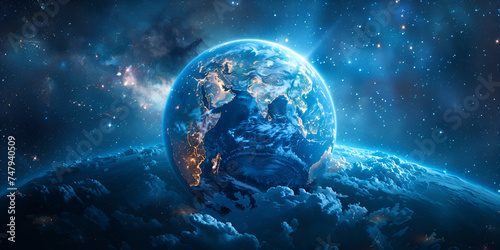 The planet earth in the starry galaxy creative digital illustration painting View of the planet in spacefantastic magic illustration with blue sky background Ai Generative