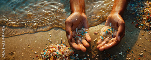 Powerful image of hands cleaning microplastic particles from the sand