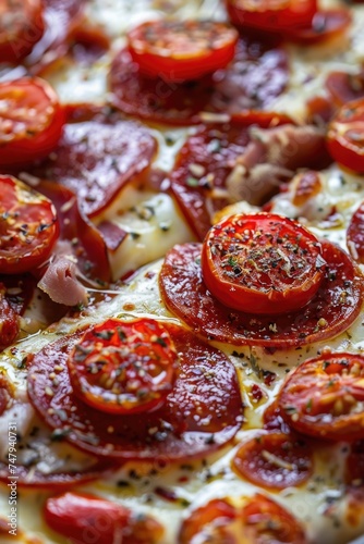 A close up image of a delicious pizza with fresh tomatoes, perfect for food blogs and restaurant menus
