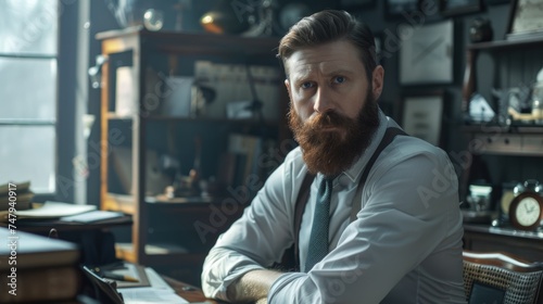 A man with a beard sitting at a desk, suitable for business concepts