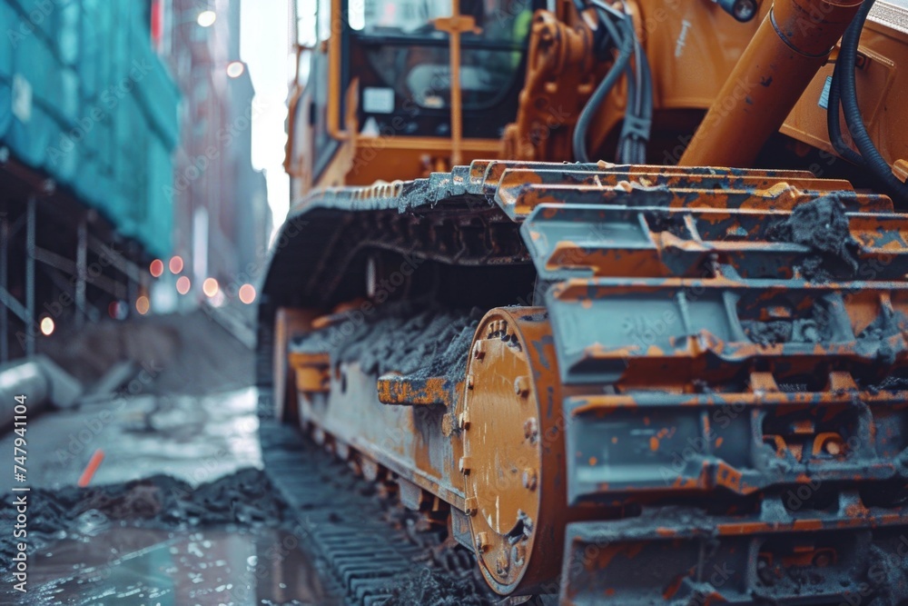 Close up view of a bulldozer on a busy city street. Suitable for construction and urban development concepts