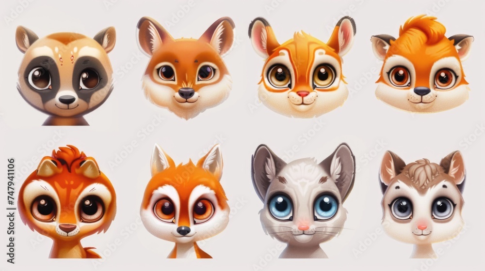 A group of cartoon animals with different eye colors. Suitable for children's illustrations