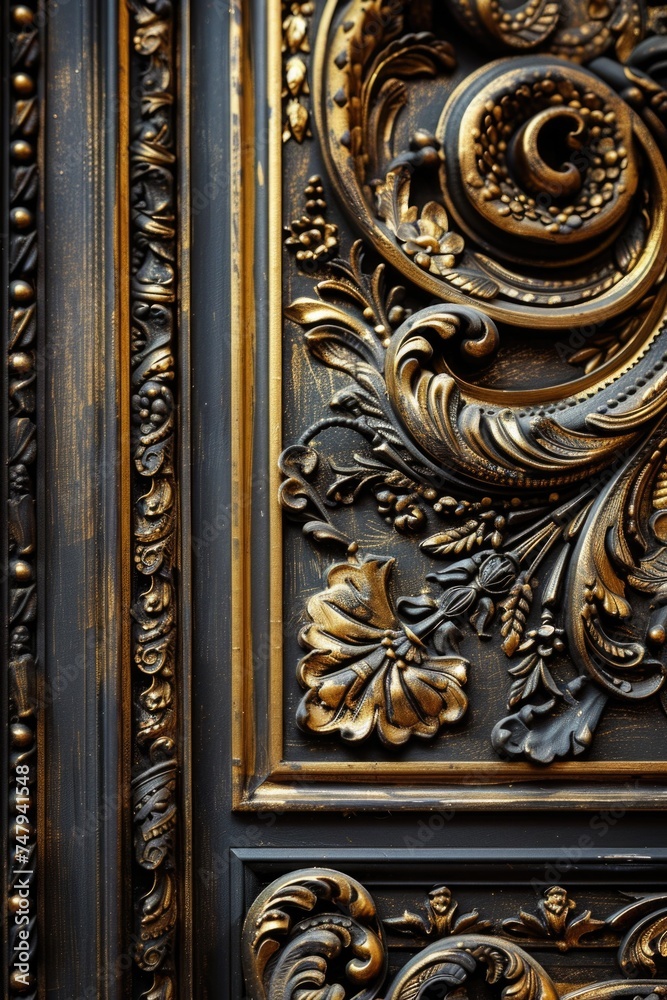 Detailed view of a gold and black door, suitable for architectural designs