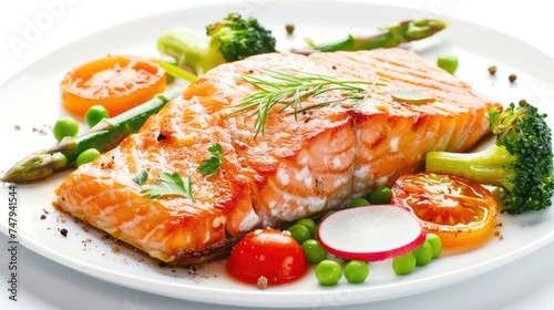 A white plate with delicious salmon and fresh vegetables. Perfect for food blogs or restaurant menus