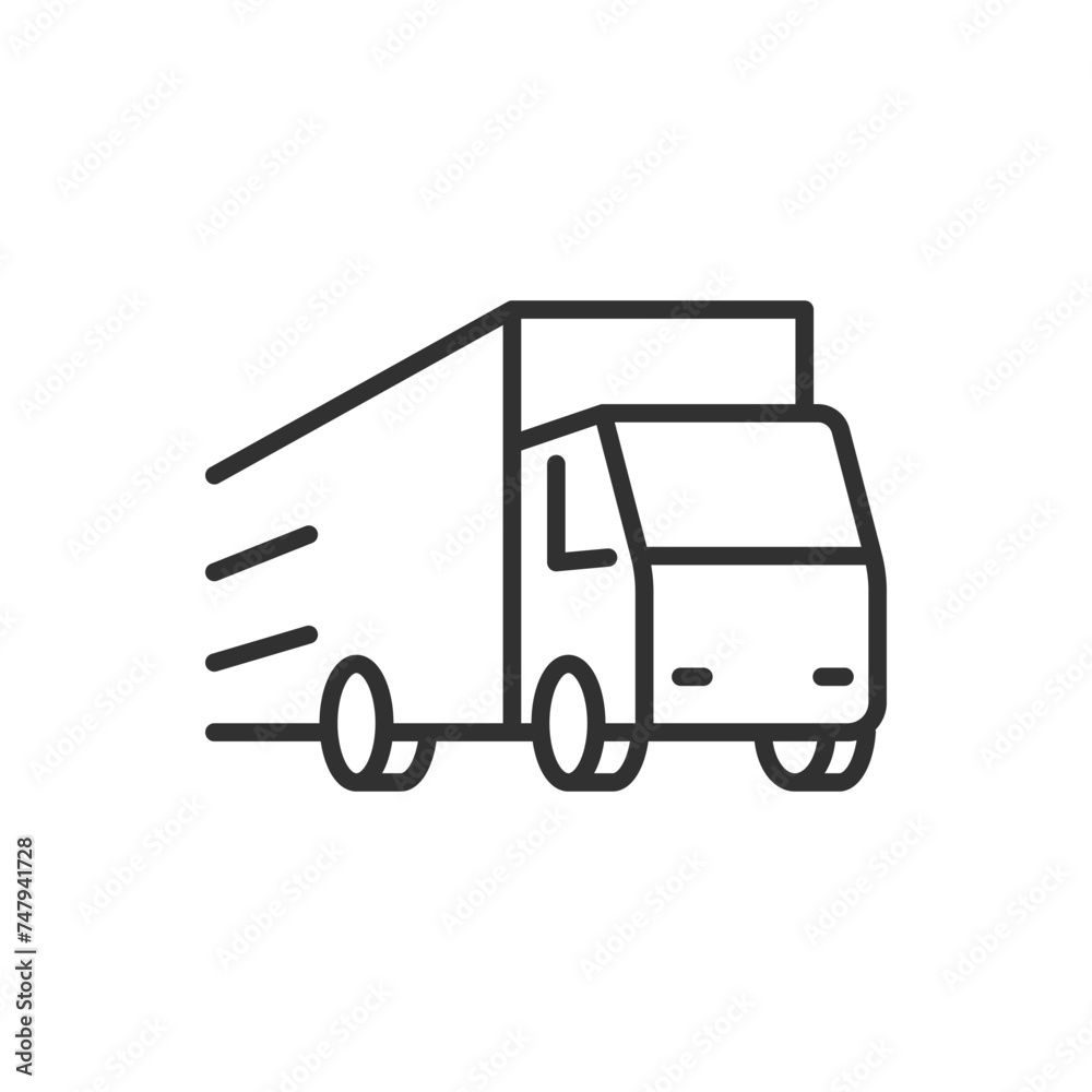 The truck is moving fast, linear icon. Truck driving. Line with editable stroke The truck is moving fast, linear icon. Truck driving. Line with editable stroke
