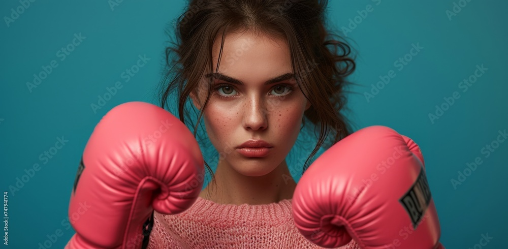 Serious woman with pink boxing gloves on face looking at camera in intense expression Serious woman with pink boxing gloves on face looking at camera in intense expression