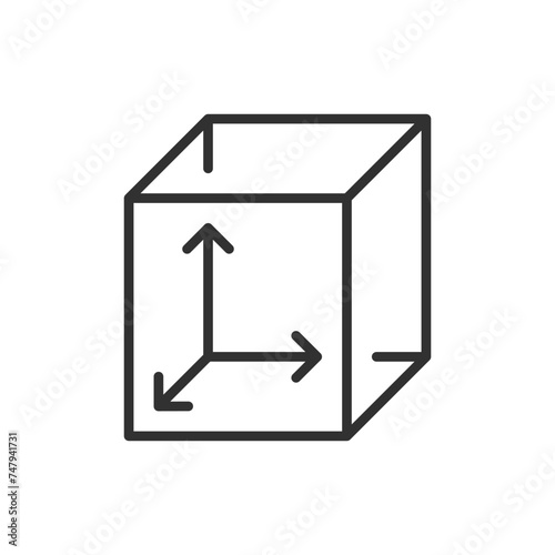 Cube with coordinate axes, linear icon. Line with editable stroke