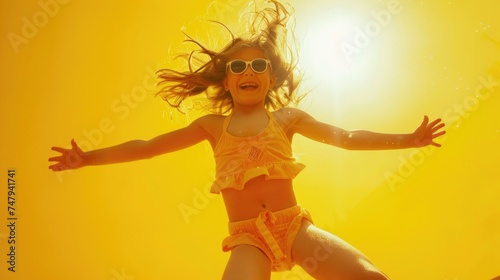 A little girl in a yellow bikini and sunglasses  perfect for summer themes