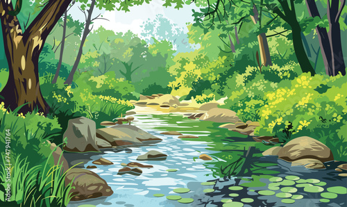 A stream of river creek flowing across a dense green forest, vector illustration photo