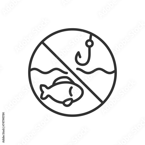 Prohibition of fishing, linear icon. Fish, hook and a sign of prohibition. Line with editable stroke