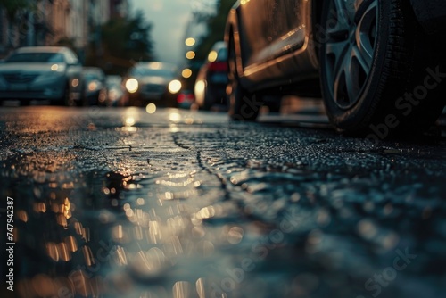 Rainy night scene with cars on wet street. Suitable for urban themes