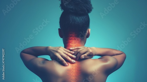 Young woman in distress with backache, seeking relief through massage therapy for severe pain. photo
