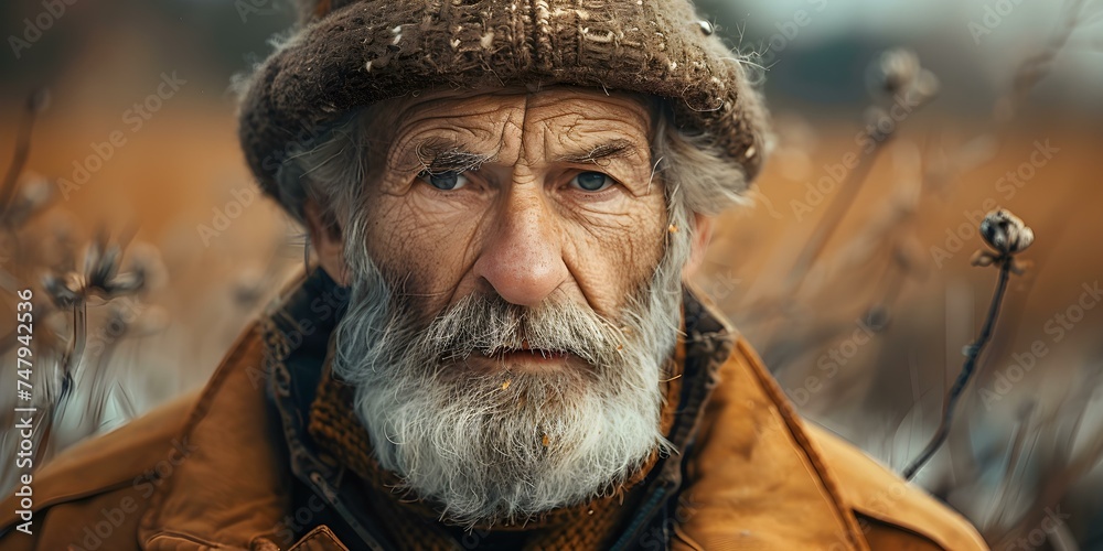 An elderly man in worn clothes and a disheveled beard outdoors. Concept Elderly man, Disheveled, Outdoors, Portrait, Aging