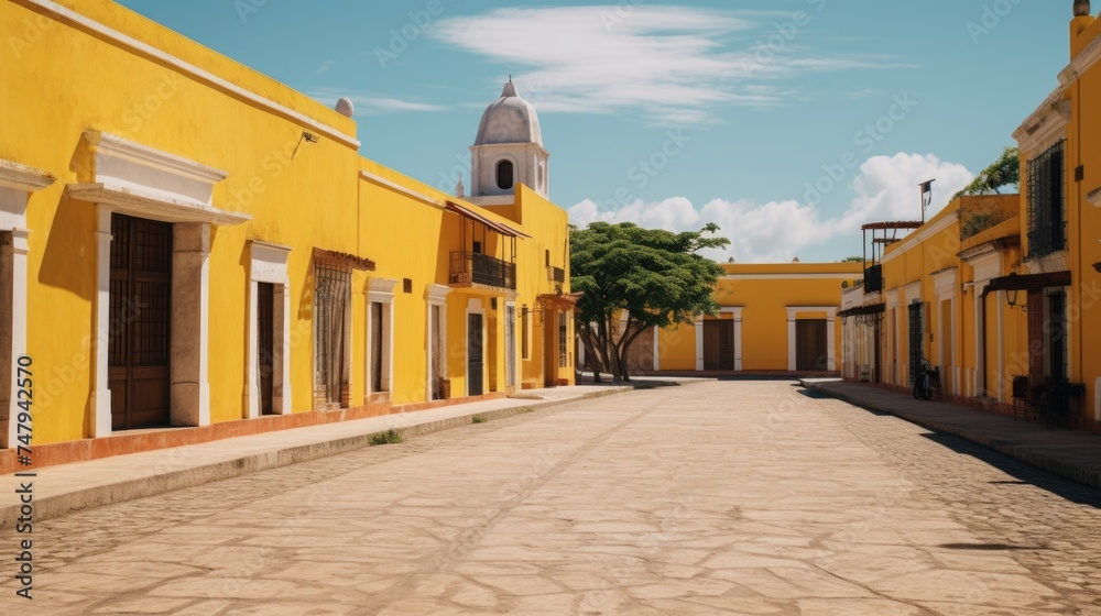 Fototapeta premium A yellow building with a clock tower in the distance. Suitable for architectural and urban themes