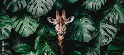 Majestic giraffe peeks through dark tropical jungle leaves, creating a captivating wildlife scene.