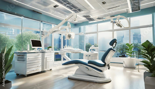 Modern dental clinic office with dentist chair in the middle of the room  medical equipment and wide windows. Generative ai. 