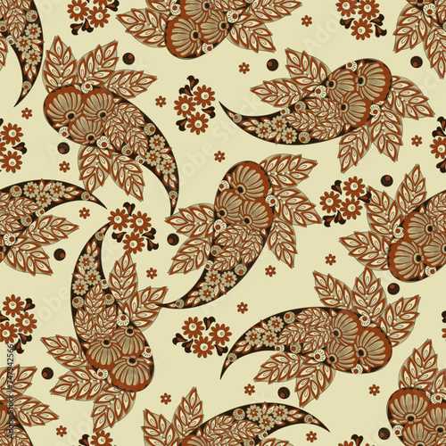 Paisley ethnic seamless vector pattern with floral elements.